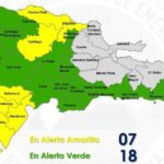 Información del COE sobre las provincias en alerta amarilla y verde por las lluvias asociadas a una vaguada en República Dominicana.