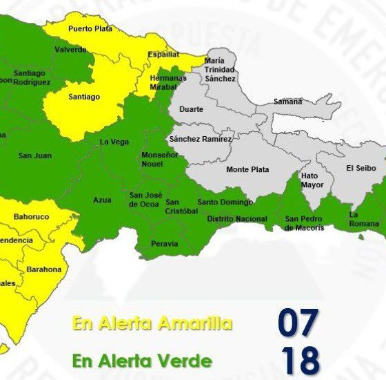 Información del COE sobre las provincias en alerta amarilla y verde por las lluvias asociadas a una vaguada en República Dominicana.