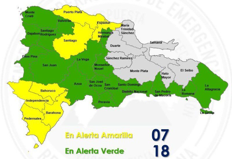 Información del COE sobre las provincias en alerta amarilla y verde por las lluvias asociadas a una vaguada en República Dominicana.