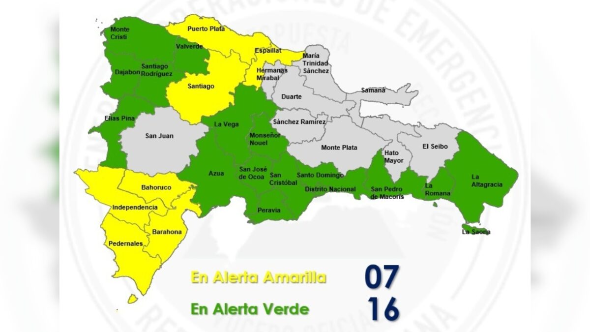 Información del COE sobre las provincias en alerta amarilla y verde por lluvias en República Dominicana.