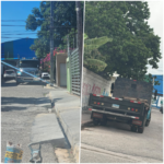Camiones estacionados en una vía del sector Naco, en Barahona, que residentes señalan como un obstáculo para el tránsito.