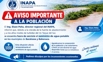Aviso de INAPA sobre la suspensión temporal del servicio de agua potable en Barahona y Bahoruco por la crecida del río Yaque del Sur.