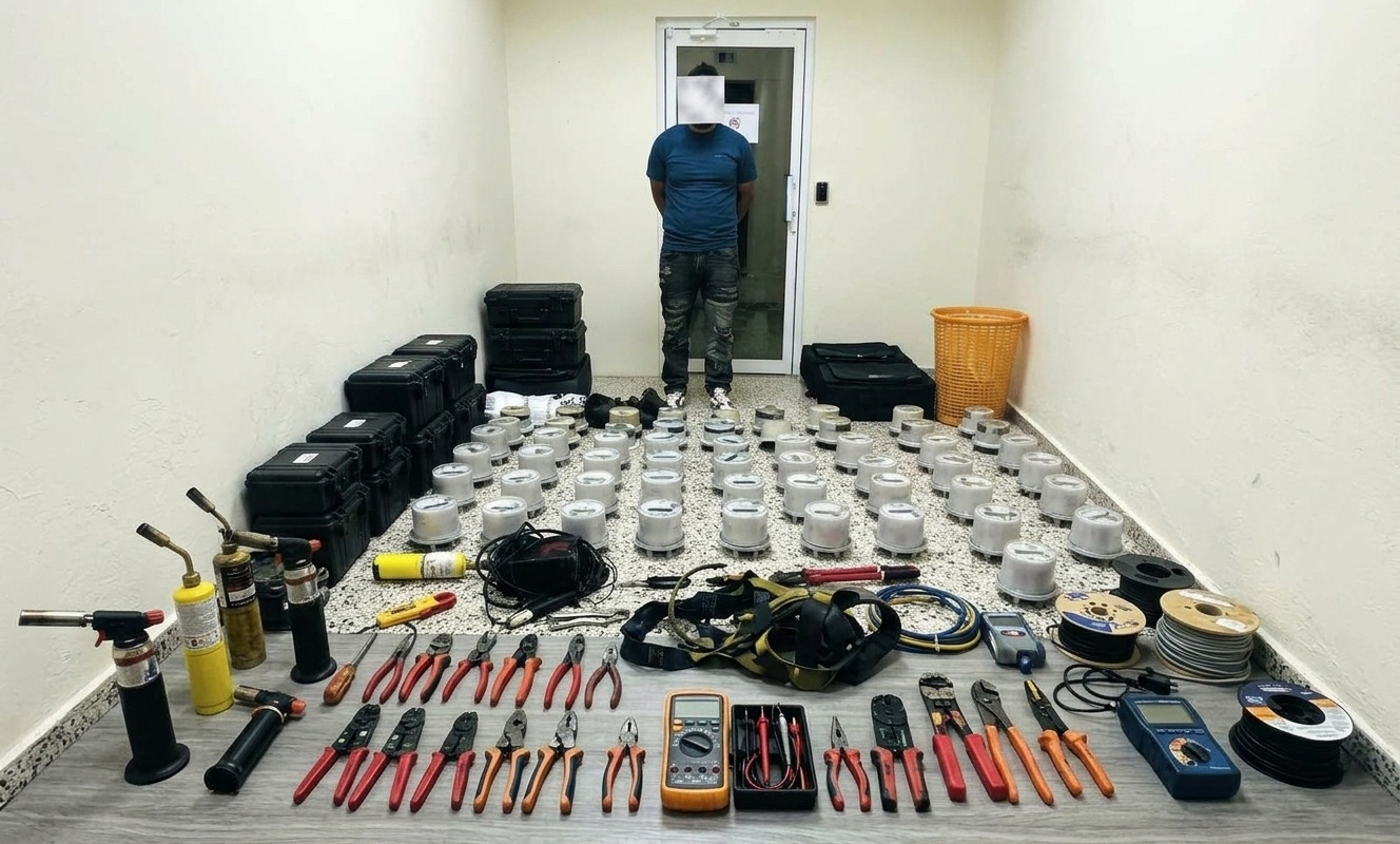 Medidores eléctricos y herramientas ocupados durante un allanamiento policial en el sector La Playita, La Vega.