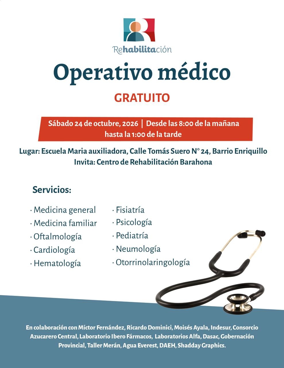 Jornada médica gratuita de Rehabilitación Filial Barahona por su 46.º aniversario.