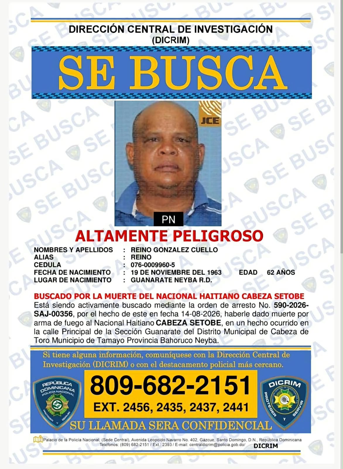 Policía Nacional recibe entrega voluntaria de hombre buscado por homicidio en Neyba.