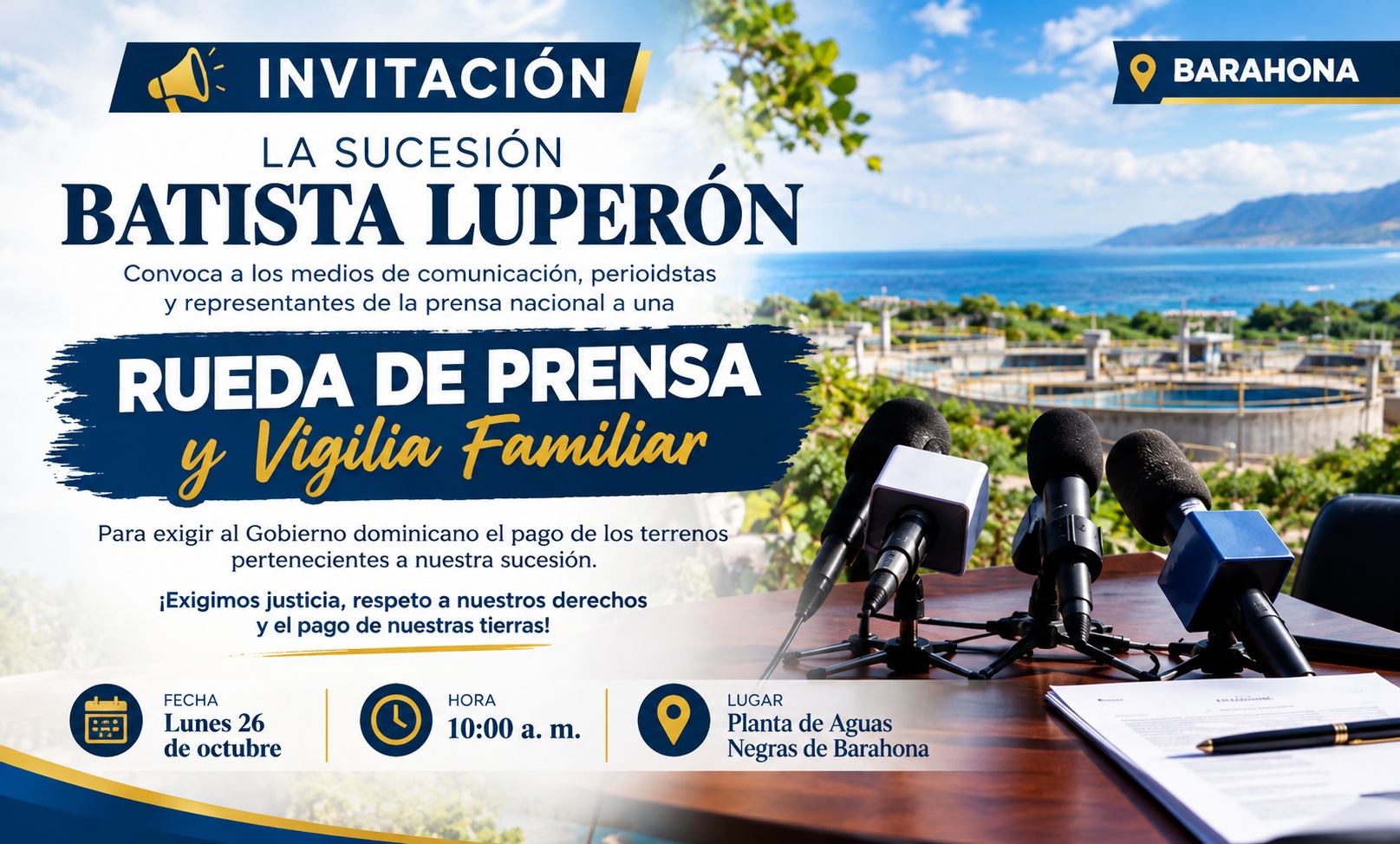 Convocatoria de la Sucesión Batista Luperón para reclamar el pago de terrenos en Barahona.