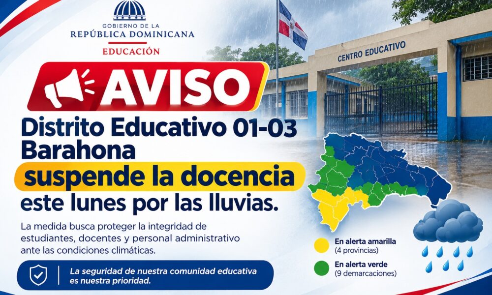 Información sobre la suspensión de la docencia en centros educativos de Barahona debido a las lluvias.