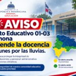 Información sobre la suspensión de la docencia en centros educativos de Barahona debido a las lluvias.
