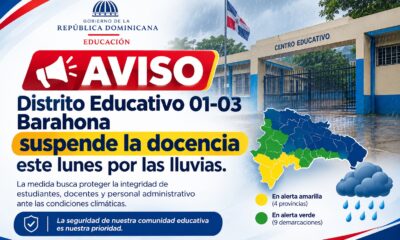 Información sobre la suspensión de la docencia en centros educativos de Barahona debido a las lluvias.