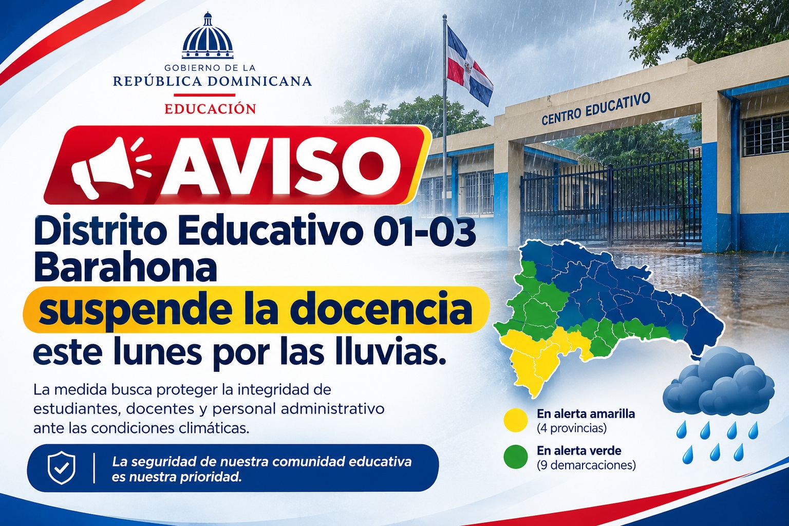 Información sobre la suspensión de la docencia en centros educativos de Barahona debido a las lluvias.