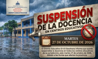 Suspensión de clases en centros educativos del Distrito 01-03 de Barahona por las lluvias.