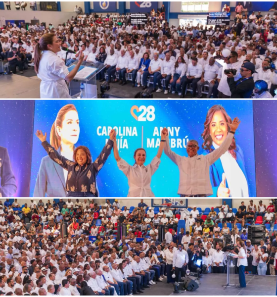 Carolina Mejía junto a Anny Mambrú y Jesús Colón durante actividad del proyecto Carolina 2028 en Santo Domingo Este