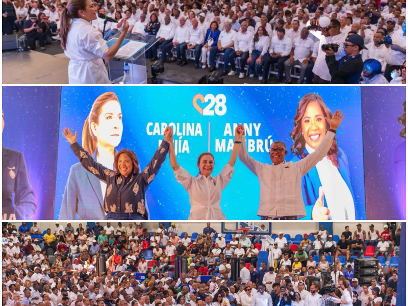 Carolina Mejía junto a Anny Mambrú y Jesús Colón durante actividad del proyecto Carolina 2028 en Santo Domingo Este