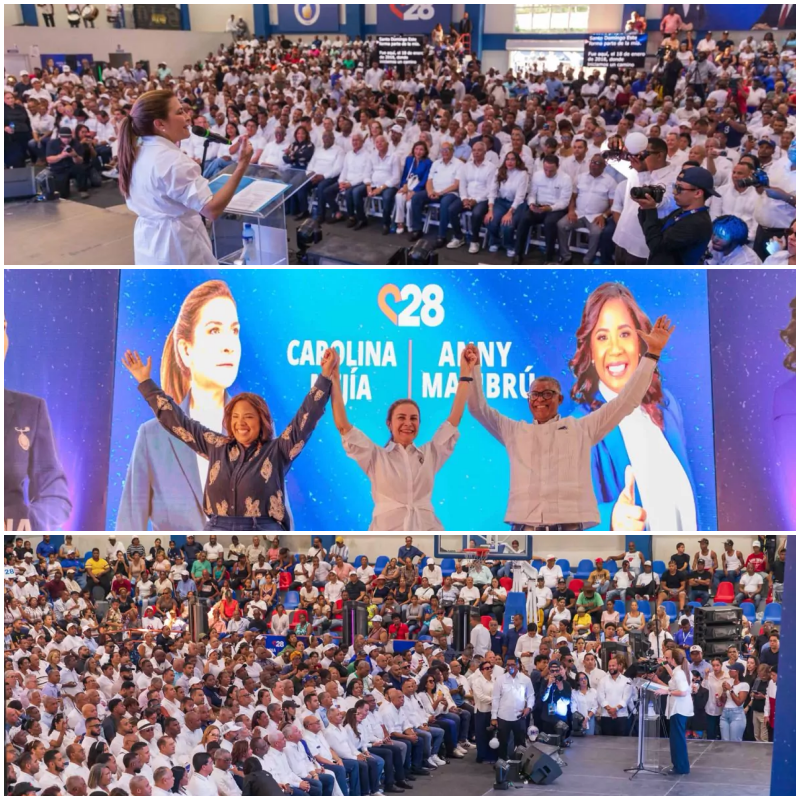 Carolina Mejía junto a Anny Mambrú y Jesús Colón durante actividad del proyecto Carolina 2028 en Santo Domingo Este